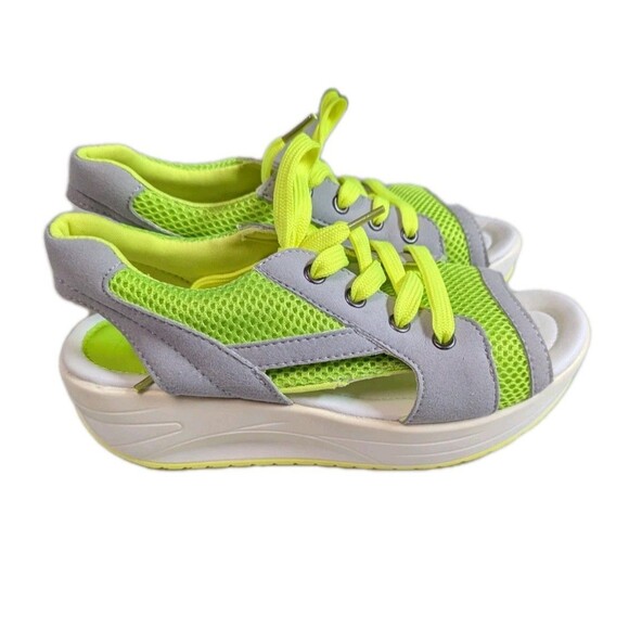 Shoes - Neon Green Grey Mesh Platform Sneaker Sandals Chunky Wedge Slingback Size 6.5